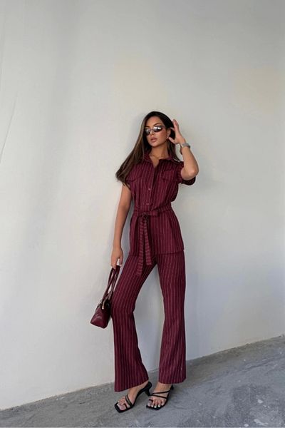 nedo7 Striped Polyviscos Bluz - Pant Suit - Burgundy