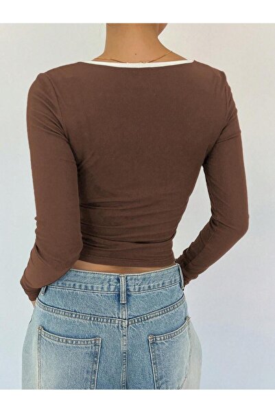 MOONBULL Γυναικεία μπλούζα με τετράγωνο λαιμόκοψη με λεπτομέρεια με κορδόνια στο μπροστινό μέρος κοτλέ ελαστικό ύφασμα μακρυμάνικη μπλούζα