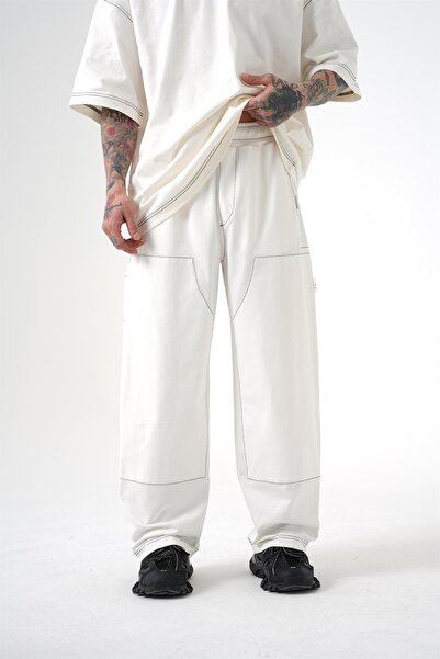 Machinist Pantaloni albi Premium Sewing Pocket supradimensionat pentru bărbați