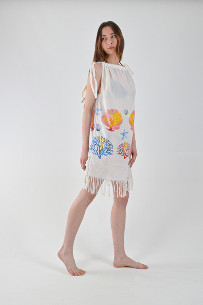 REİNA TEKS Пляжний одяг Віскозна сукня з бавовняним шнурком та кораловим візерунком 1 шт. Парео