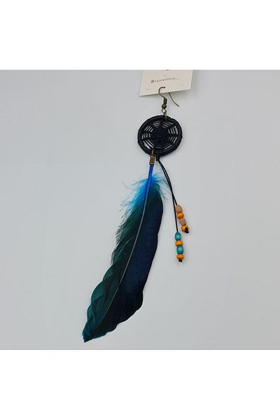 SE Jewellery Collection Selin Ersoy Bohemian Style Blue Feather Detailed Dreamcatcher Model Dangle Single Earrings