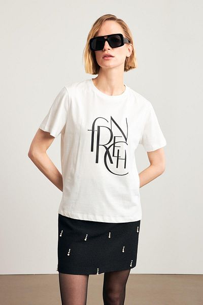 Setre Crew Neck Ecru T-Shirt - Print Detail and Short Sleeve
