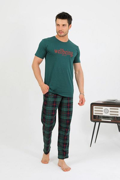 Akbeniz Men's Cotton Short Sleeve Pajama Set Emerald 6875