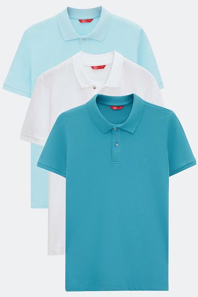 D'S Damat Ds Damat Regular Fit Turquoise/Light Turquoise/White Pique Textured 100% Cotton Polo Neck T-Shirt