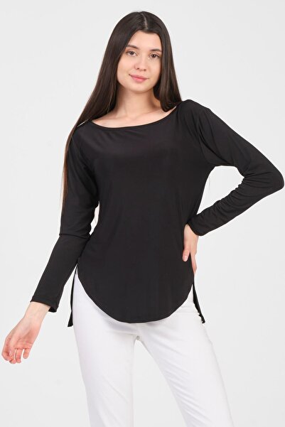 As Collection Siyah Uzun Kol Yırtmaçlı Sandy Kadın T-shirt