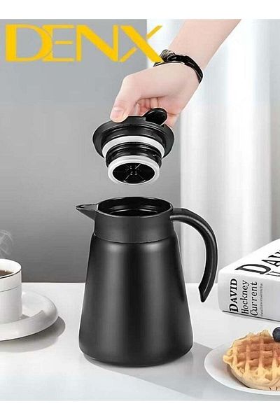 Denx Insulated Coffee and Tea Thermos with 880ml Capacity, Includes Two Additional Serving Cups, Black