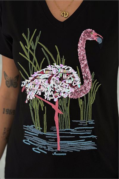 FEMELLE Tricou negru pentru femei, cu decolteu în V, cu paiete și broderie, brodat, 100% bumbac