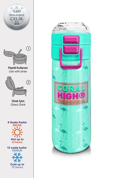 Coral High Kids Girl Patterned Straw and Direct Drinking Steel Thermos 500 ml