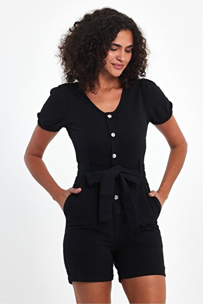 Maldia Shop Women's Gabardine Fabric Round Neck Belted Shorts Black Jumpsuit