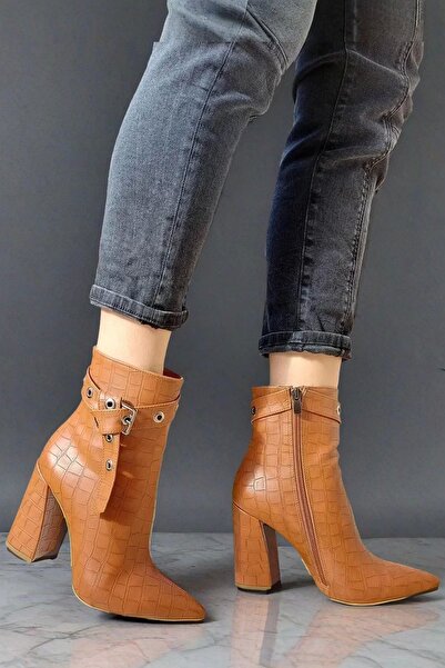 PayBuy Kadın Kare Topuklu Kısa Bot Kroko Desenli Fermuarlı Yumuşak Taban Şık Günlük Ayakkabı