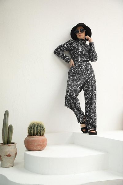NS TASARIM MAYO Geometric Pattern Allerli Design Hijab Jumpsuit Swimsuit