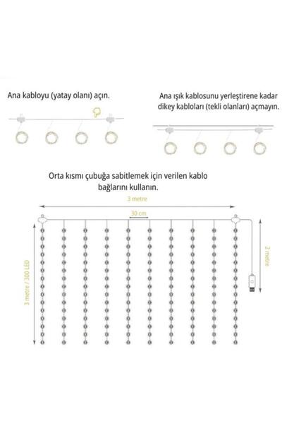 Torima LW-7 300 Ledli 10 Sarkıt Perde Led Işık, 8 Modlu Uzaktan Kumandalı, 3x3 Metre Peri Telli Led