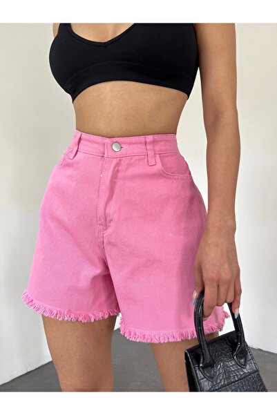 Genel Markalar Paçası Püsküllü Yıkamalı Denim Şort Pembe Renk