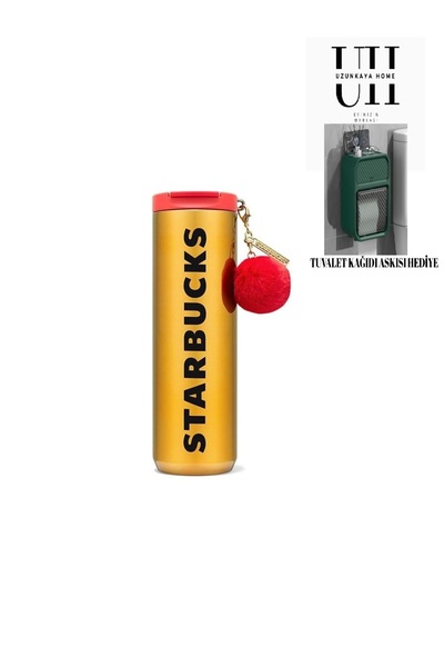 Starbucks ® Paslanmaz Çelik Termos - Ponponlu - Altın Rengi - 473 ml - Hediyeli