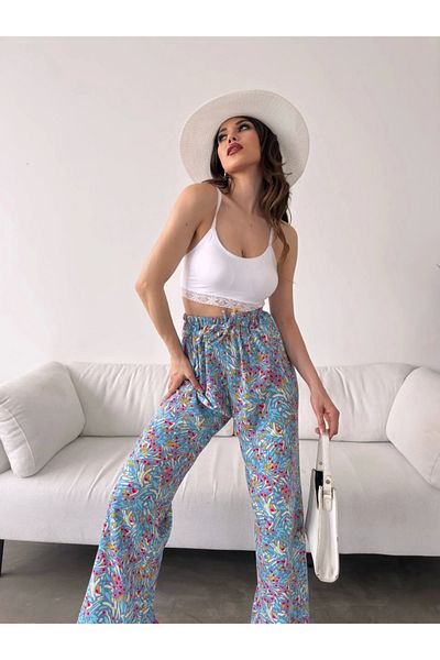 Pavia Patterned Elastic Waist Pants Light BLUE