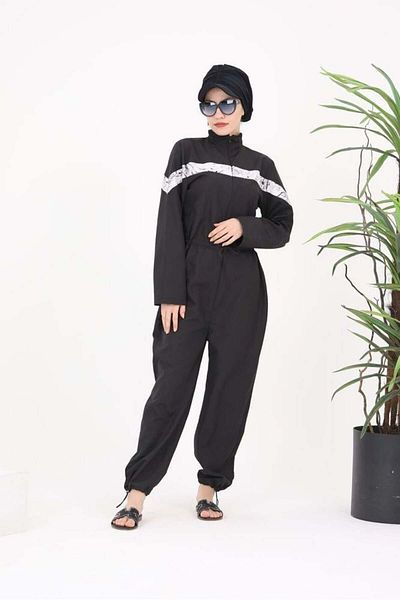 NS Tasarım Tesettür Mayo Floria White Hijab Parachute Fabric Jumpsuit - Striped Swimsuit