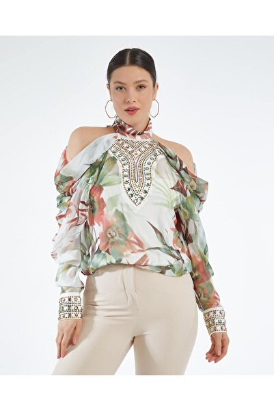 SERPİL Şık Kadın Bluz - Omzu Açık - Kol ve Yaka İşleme Detaylı - Modern Tasarım