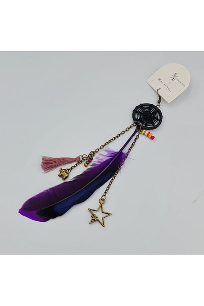 SE Jewellery Collection Selin Ersoy Bohemian Purple Feather Dream Catcher Dangle Single Earrings – Bead and Figure Detail