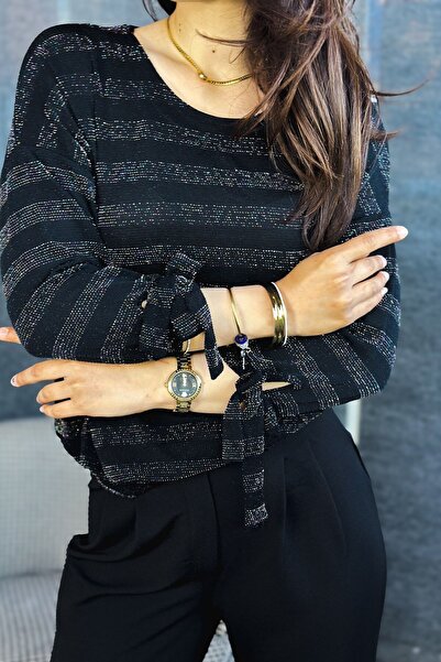 Kübra Tekstil Γυναικεία μακρυμάνικη μπλούζα με μαύρη ρίγα πολύχρωμη πέτρα/γυαλιστερή/αστραφτερή - Προσαρμοσμένο σχέδιο