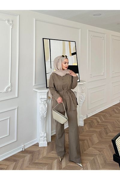 Miraydın Butik Women's Button and Belt Detailed Linen Suit M3318 - Mink