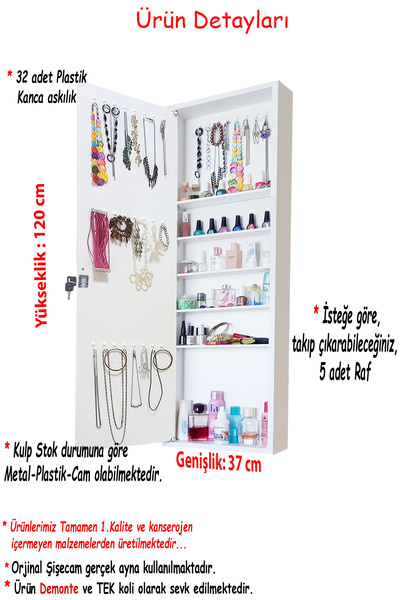 First Mobilya Yıldız Kilitli Duvara Asma Hediyelik Demonte Aynalı Takı Dolabı-beyaz