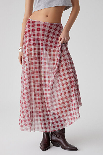 GRIMELANGE JULIANO Kadın Yüksek Bel Çizgili Oversize Kırmızı Etek