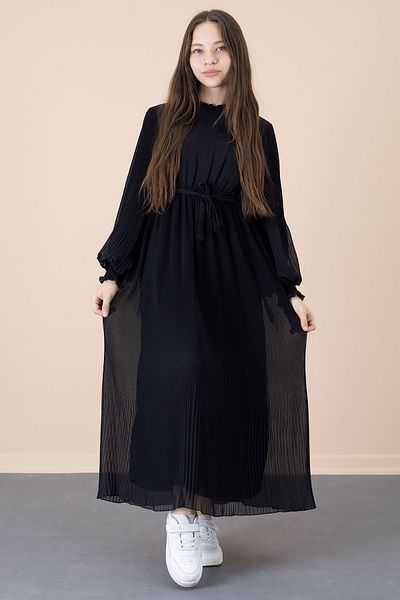 Cansın Mini Black Ruffled Collar Belted Girl's Pleated Chiffon Dress 20560