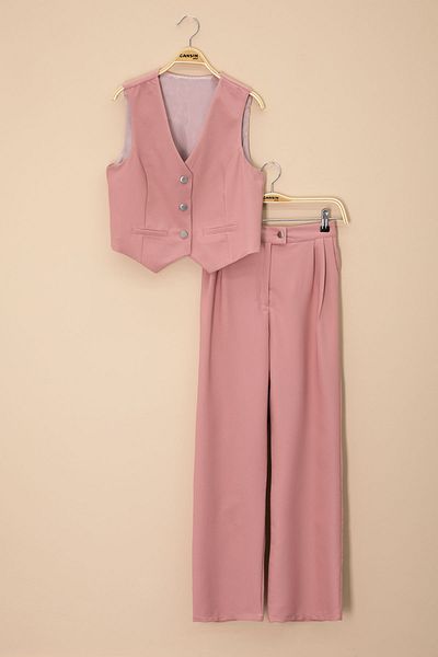 Cansın Mini Pink V-Neck Buttoned Vest and Wide-Leg Pants for Girls 2-Piece Set 20724