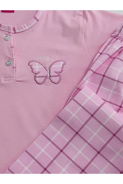 Tarık Girl's 100% Cotton Lycra Combed Half Button Pink Butterfly Embroidered Short Sleeve Capri Pajama Set