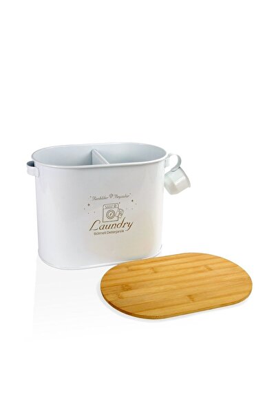 Laundry Metal Iki Bölmeli Kapaklı Ve Ölçekli Deterjan Kutusu L0101