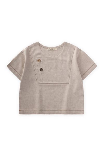 Cigit Contrast Stitched Linen Blouse 2-7 Years Natural