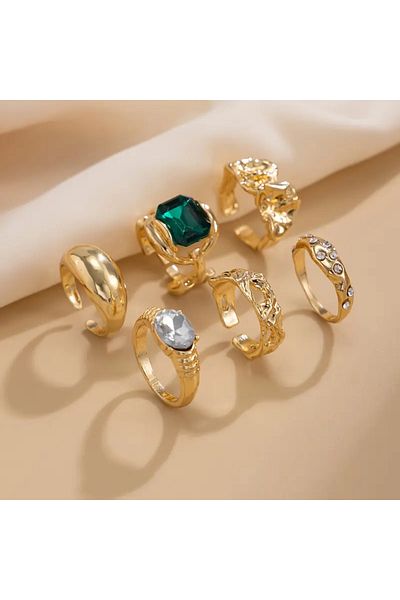 Takıtolia Lume - 6 Pieces Green Crystal Stone Retro Design Multiple Adjustable Gold Gold Ring Set