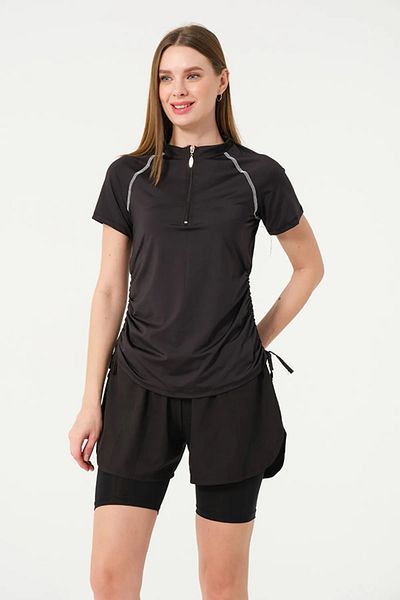 TESMAY Short Sleeve Half Zip Quick Dry Fabric Shorts Women's Semi-Covered Swimsuit with Leggings