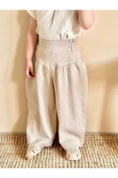 Cigit Gathered Linen Trousers with Bodice 2-7 Years Natural