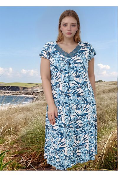 BAHHAR Women's Blue Short Sleeve Collar Lace Detail Oversized Viscosa Midi Nightgown