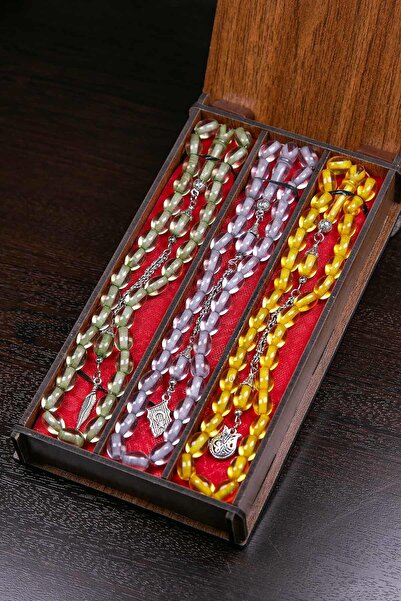 TESBİHKENTİ 3'lü Ahşap Kutusunda Toz Kehribar Tesbih Seti