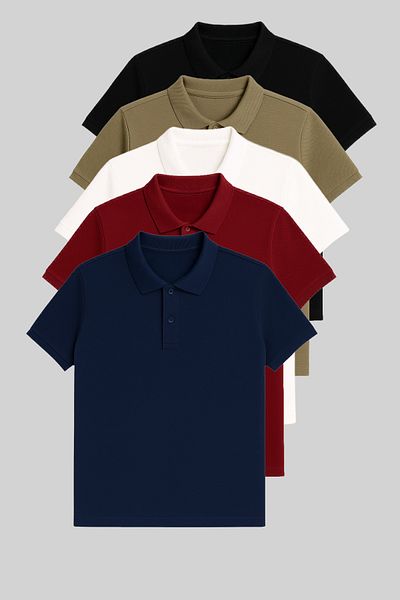 COMBİNE MİCHAİL Men's 5 Pack 100% Cotton Basic Polo Neck T-Shirt Black-Khaki-White-Claret Blue