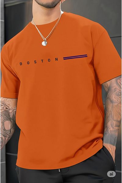 NO 601 Men's Orange Boston Printed Oversize Tshirt