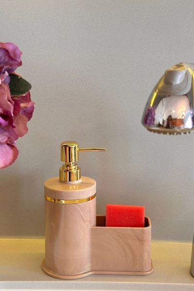 Makri Stylish Gold Color Detailed Liquid Soap Dispenser with Sponge Holder for Kitchen or Bathroom, Domestic Production