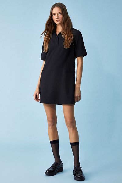 GRIMELANGE Nouru Women's Polo Neck Short Sleeve Oversize Fit Short Black Dress