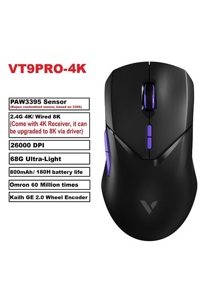 Choice ماوس الألعاب اللاسلكي Vt9pro Paw3398 من رابو، أسود، بدقة 4K، 26000 نقطة في البوصة، 68 جرام، خفيف الوزن، سلكي، لاسلكي