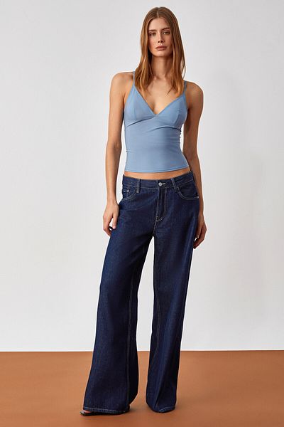 GRIMELANGE Lillean Women's Double Breasted Collar Slim Thin Tulle Blue Blouse