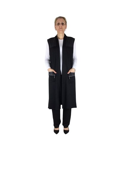 ECE GİYİM Women's Open Front Leather Detailled Sports Vest with Top Pocket and Pocket Zipper Accessories