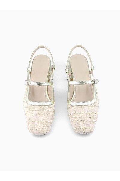 MAGGIO Beige and Gold Color Tweed Fabric Blunt Toe Casual Women's Heeled Ballerina Shoes