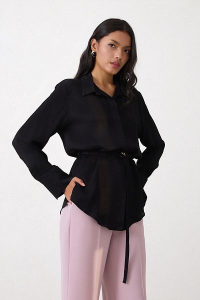 Setre Black Waist Belt Long Sleeve Shirt