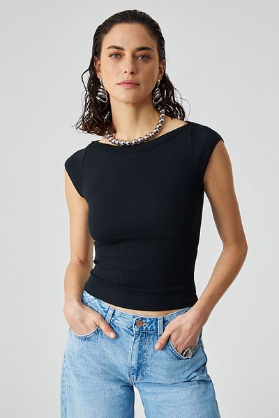 GRIMELANGE Noemi Women Ballerina Collar Short Sleeve Slim Fit Ribbed Black Blouse