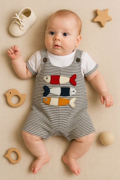 Babydonat Short Sleeve Romper with Fish Embroidery for Baby Boy