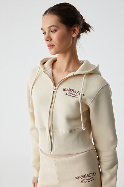 GRIMELANGE Iressine Women's Hooded Zip Long Sleeve Regular Stone Color Sweatshirt