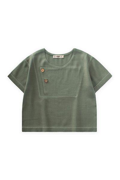 Cigit Contrast Stitched Linen Blouse 2-7 Years Khaki Green