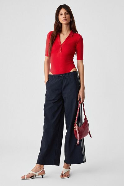 GRIMELANGE Lokkıser Women's Buttoned Apaj Collar Short Sleeve Red Blouse
